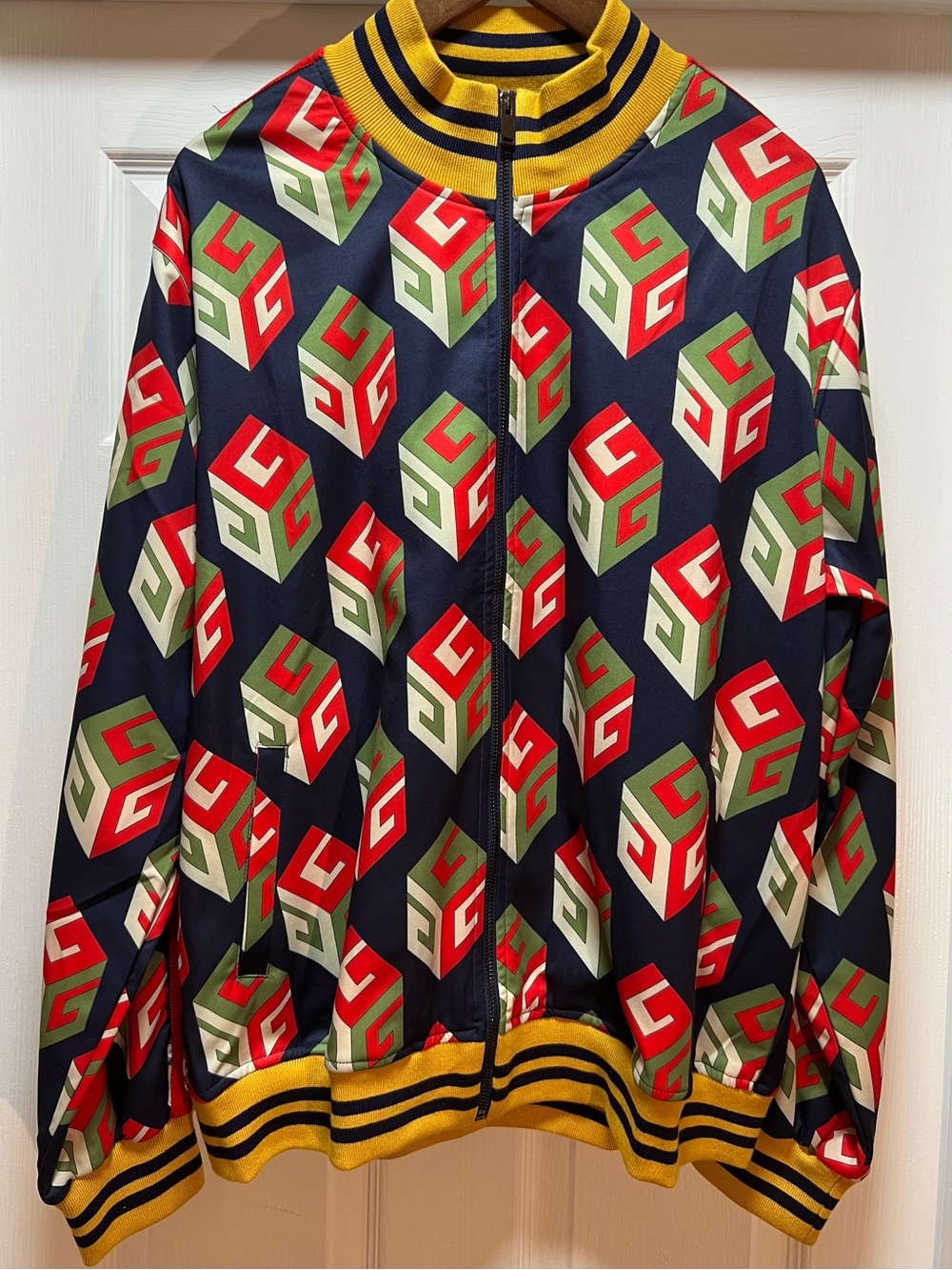 Gucci Navy Red Green White Geometric Bomber Jacket